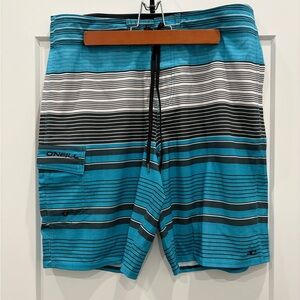 O'Neill Men's Aqua and Black Striped Board Shorts